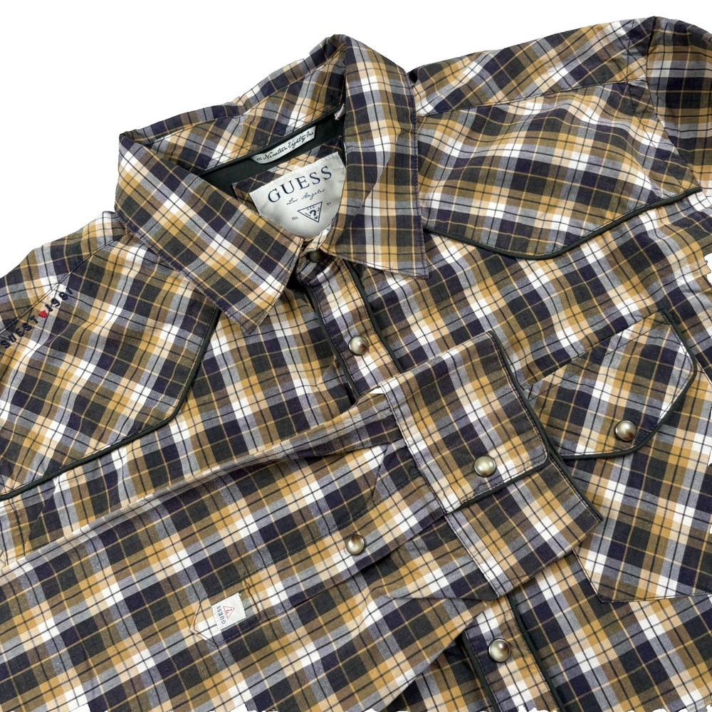 GUESS Men's XL Plaid Western Snap Shirt Long Sleeve Gold Black Pockets